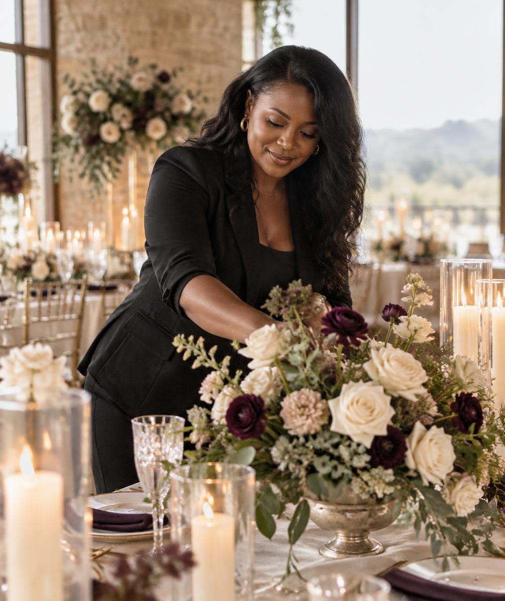 Founder image placeholder showing an event planner arranging florals